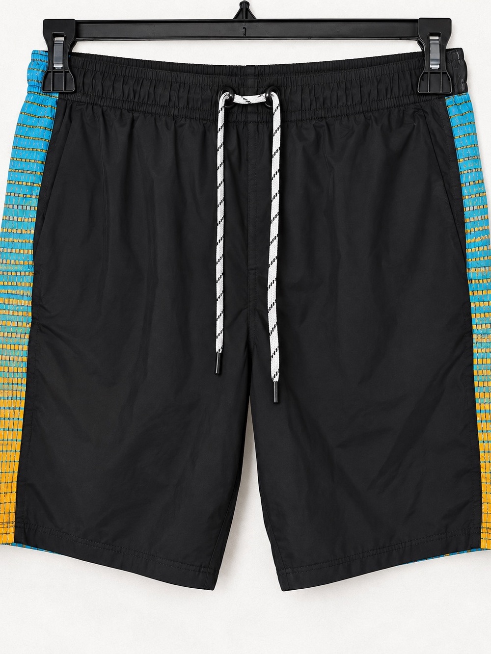 Nike Men’s Medium Black Swim Trunks Board Shorts Blue Yellow Side Stripe